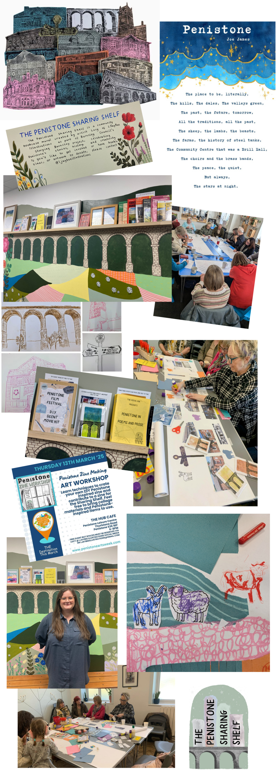A collage of photos and colorful illustrations showing a community art workshop in Penistone. People sit at tables making art, books and craft supplies are displayed, and hand-drawn signs and lively decorations are visible.